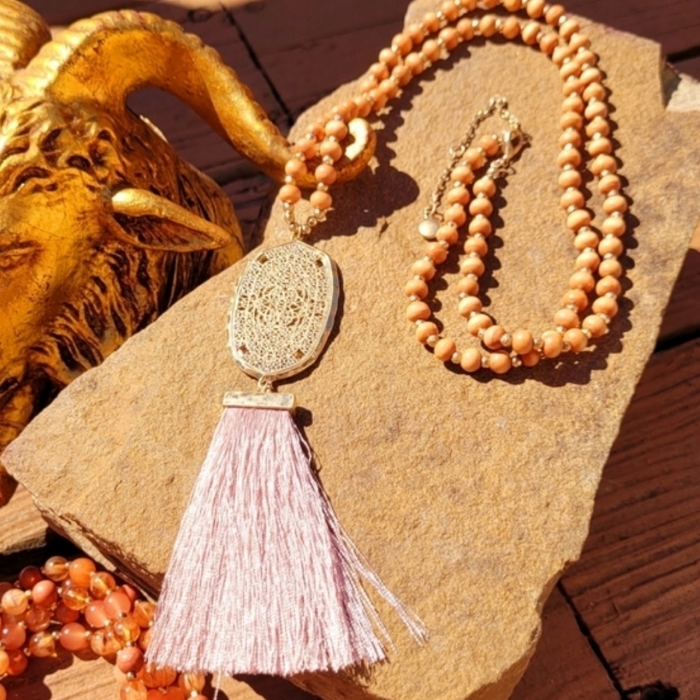 MEDALLION & SILK TASSEL WOODEN BEADED LONG NECKLACE